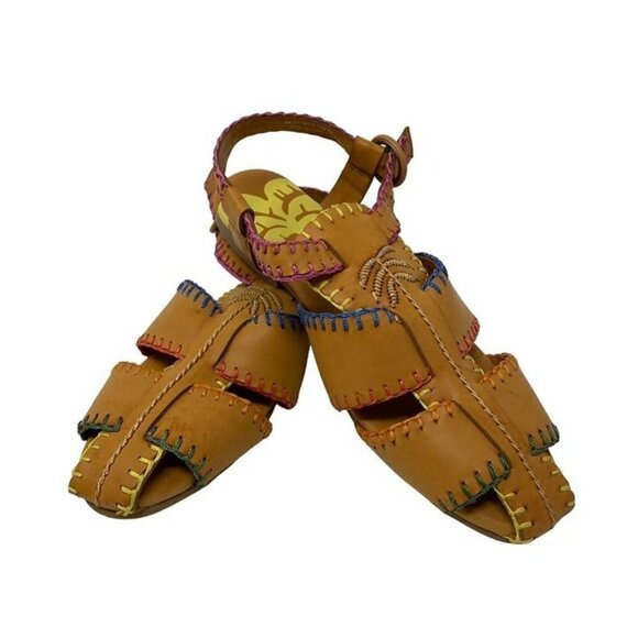 FARM Rio Sz 8 Whipstitch Palm Tree Caramel Sandal Vegan Boho Tropical NWOB - Picture 3 of 10